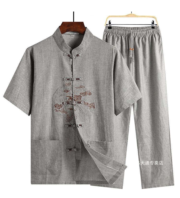 富贵鸟老人亚麻唐装男短袖套装爸爸夏装中老年男装中国风爷爷棉麻居士