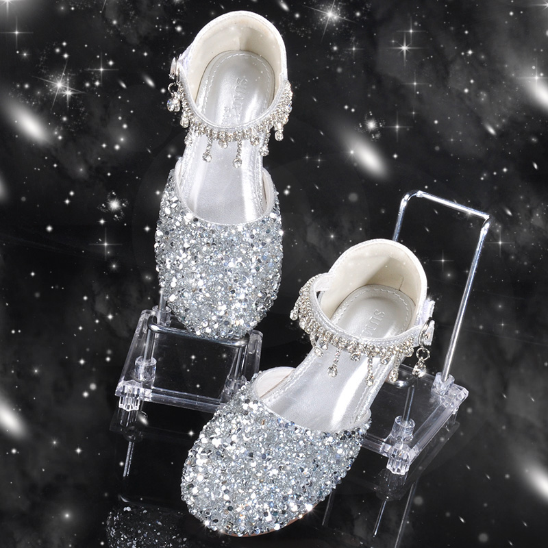 公主鞋女童秋款儿童高跟鞋3小4女9孩8礼服花童银色走秀演出水晶鞋 k99