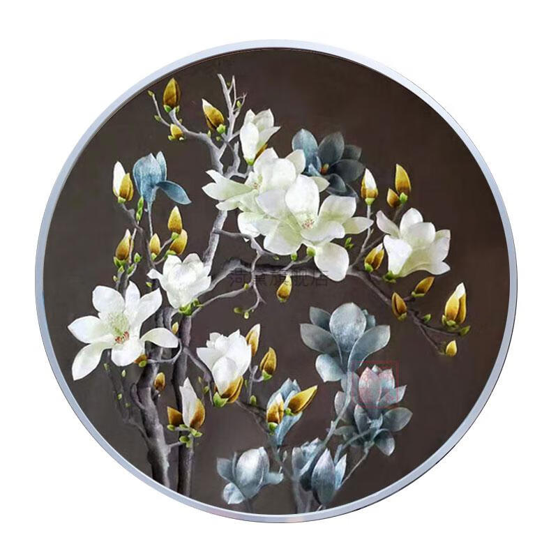 苏绣成品挂画圆形玉兰花鸟苏州手工刺绣玄关客厅装饰画绣品 粉玉兰120