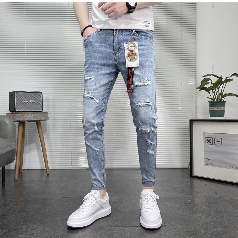 修身小脚社会人精神小伙9分痞帅裤子紧身牛仔裤男夏天薄款允鹿蓝色28