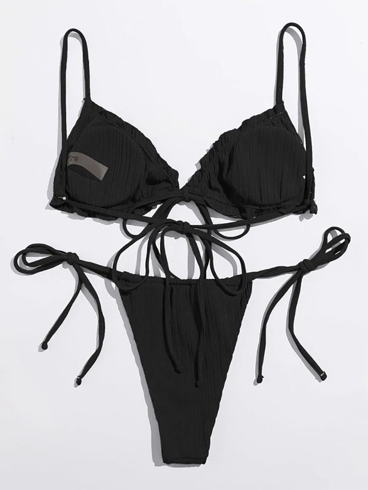 趣得比基尼一根绳新款比基尼泳装欧美性感三角包绑带分体泳衣墨绿色s