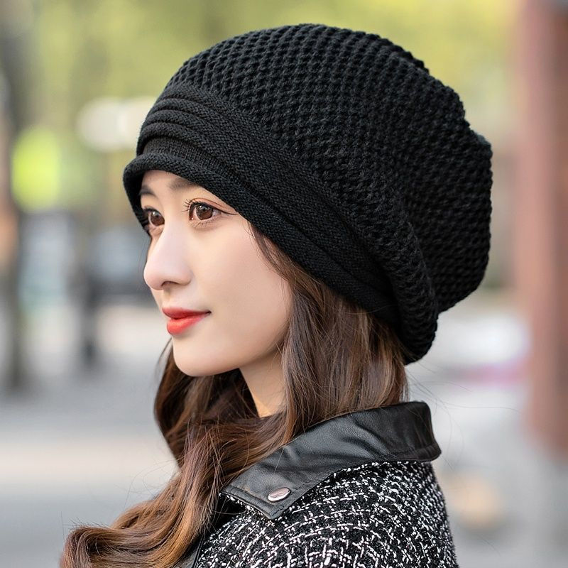 单层毛线帽子男秋冬纯色男女士保暖毛线帽户外褶皱针织帽 红色【图片 