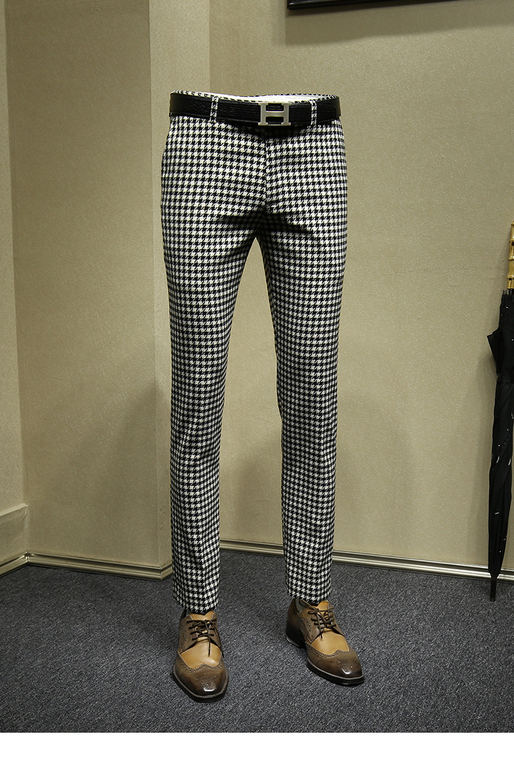 千鸟格裤子格子西服裤男修身时尚潮流长 弹力免烫小脚西裤 千鸟格 32