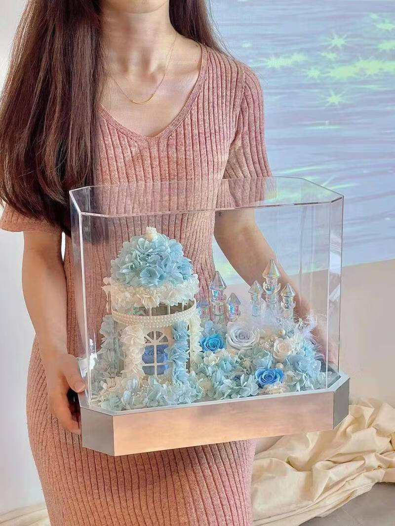 情人节送女友玫瑰花礼盒蓝色水晶镶钻城堡永生花绣球摆件旋转木马