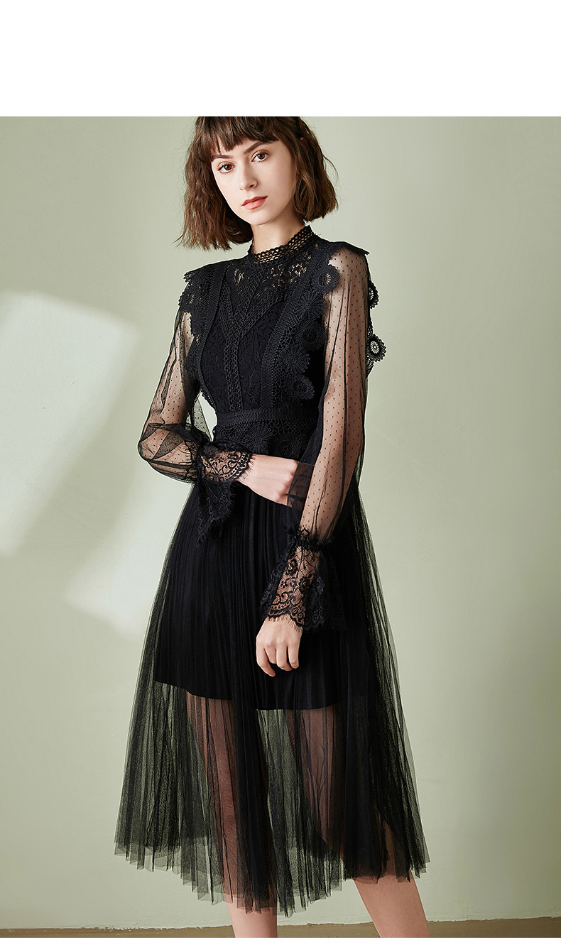 萨蒙路易名媛蕾丝连衣裙女2020春季气质网纱复古百褶裙 黑色 155/80b