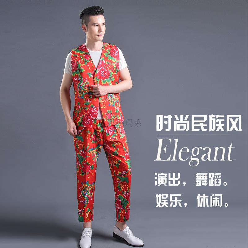 东北大花衣二人转演出服男搞笑大花布衣服t恤套装女抖音花裤子红t恤红