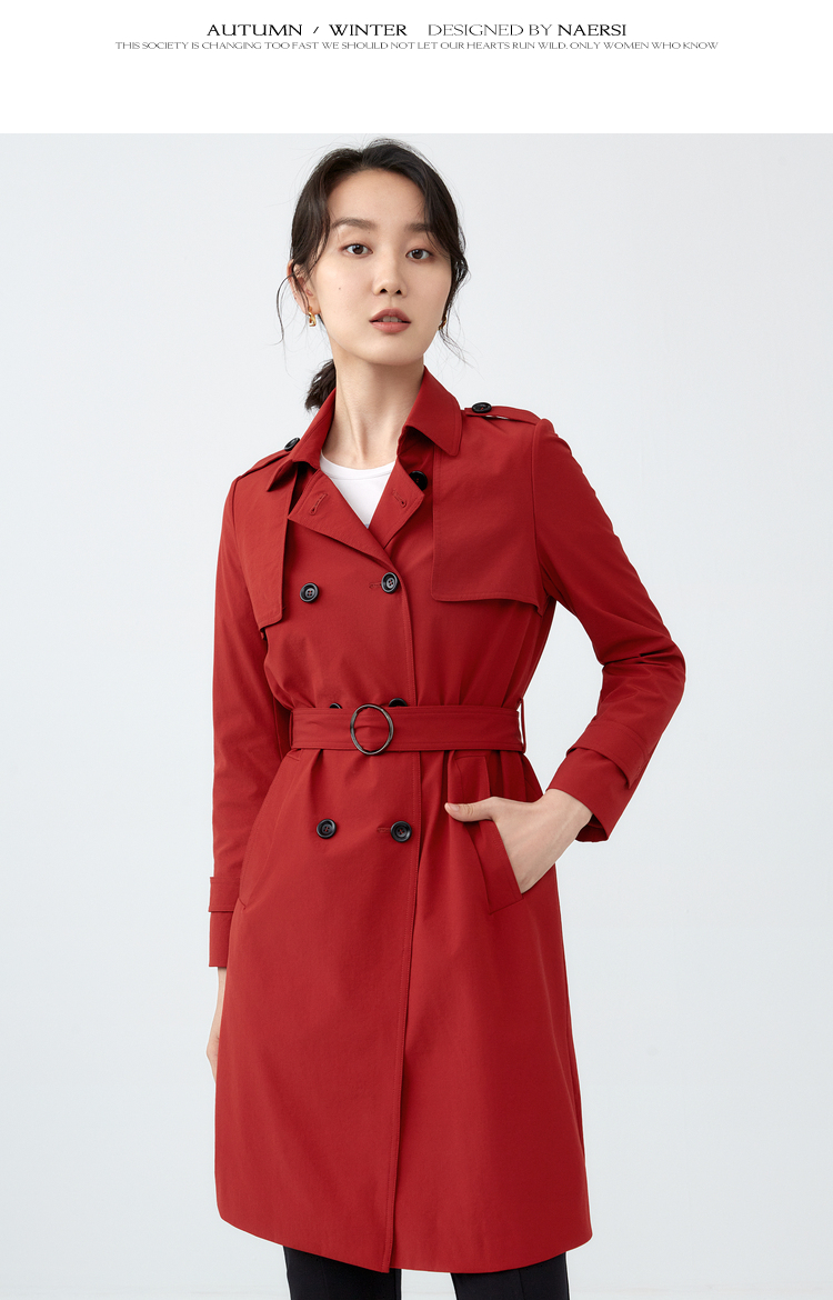 naersi娜尔思薄款双排扣红色风衣女2022春季新款中长款新年外套艳红色