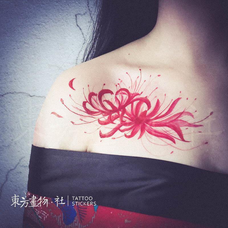彼岸花纹身贴曼珠沙华防水女持久韩国防水小清新性感锁骨小腹花臂儿童