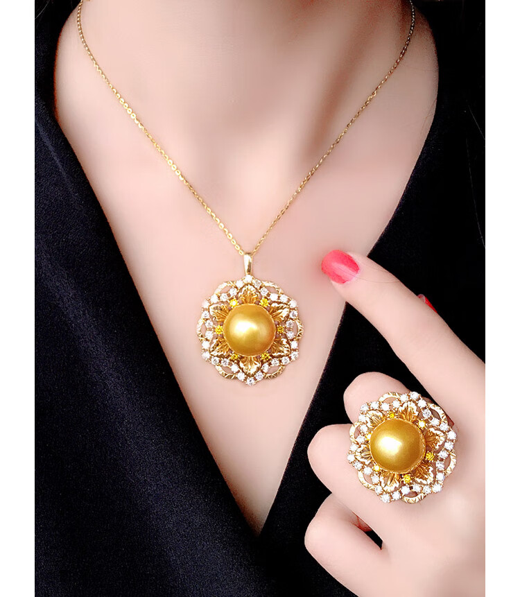 莫氏珠宝南洋金珠吊坠戒指多功能两用款吊坠戒指海水珍珠项链18k金黄