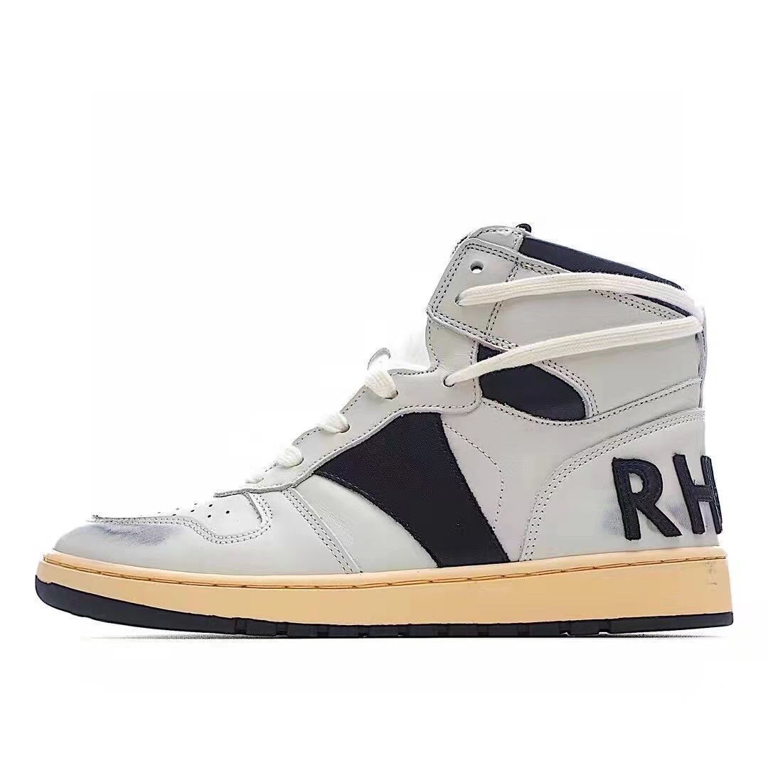 欧美高街rhude高帮做旧皮面绑带复古刘宪华同款男女情侣休闲潮鞋纯原