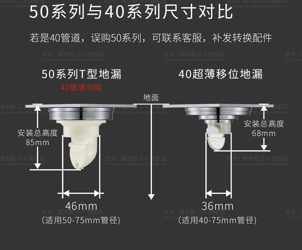 潜水艇(submarine) gk50-10不锈钢拉丝地漏 大排量淋浴四防地漏50管径