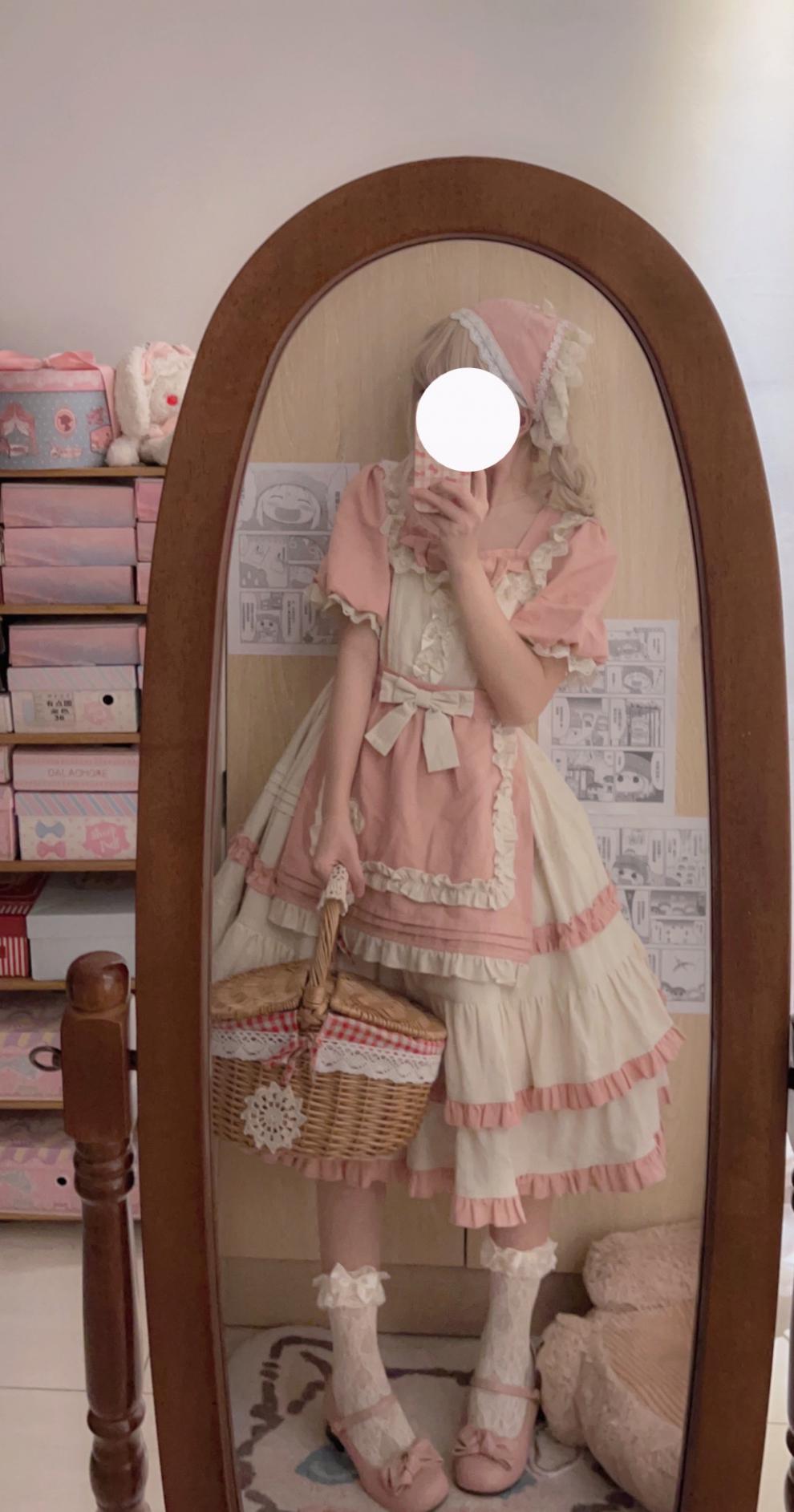 jiangyi 白糖少女～原创设计lolita洋装田园风op短袖连衣裙-dsq 粉色