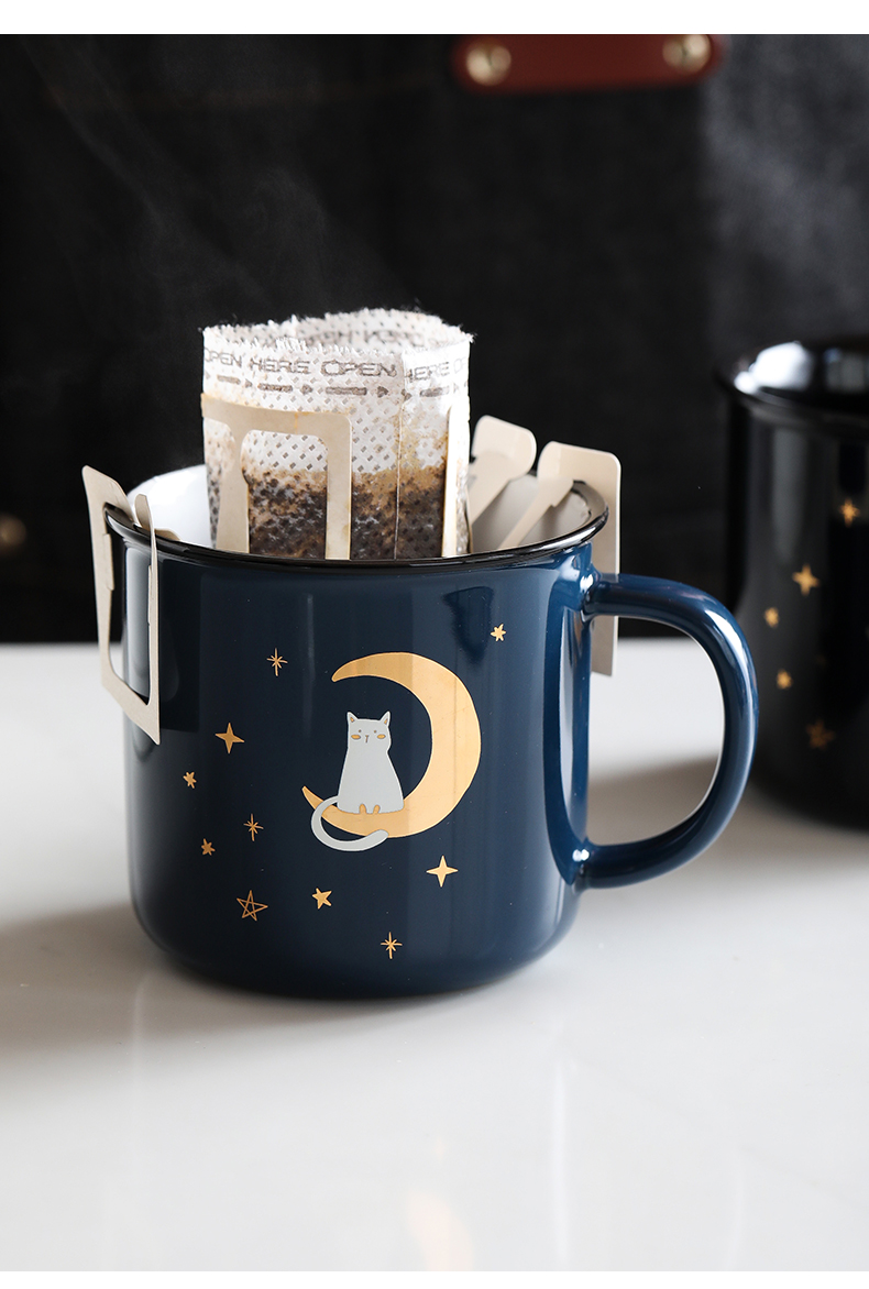 家居创意陶瓷马克杯办公室大容量饮水杯早餐杯牛奶杯 月亮小猫-蓝色