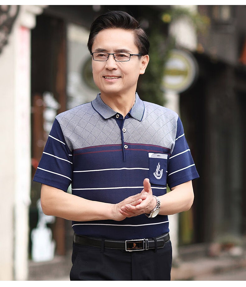 夏季男士短袖t恤爸爸夏装中年人上衣男中老年半袖polo衫男 深蓝 xl