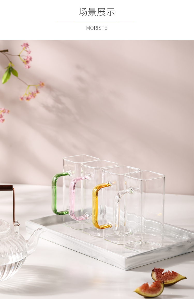 乐在美玻璃杯方形带把手家用ins高颜值吸管水杯女平底可加热杯子