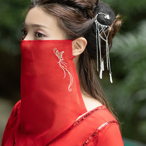 传荟汐同款绣花面纱古风面纱遮脸纱古代蒙面纱巾白色无绣花绑带款均码