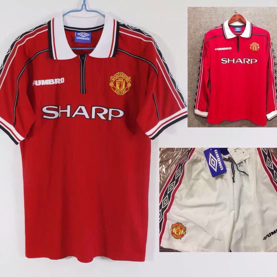 滕讯体育同款复古球衣98-99曼联足球服红魔三冠王7号贝克汉姆长-袖短