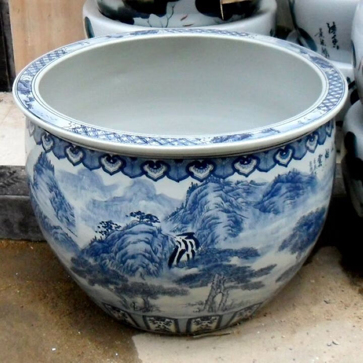 陶瓷金鱼缸造景大号水缸养睡莲荷花盆客厅家用落地 精品青花高25直径