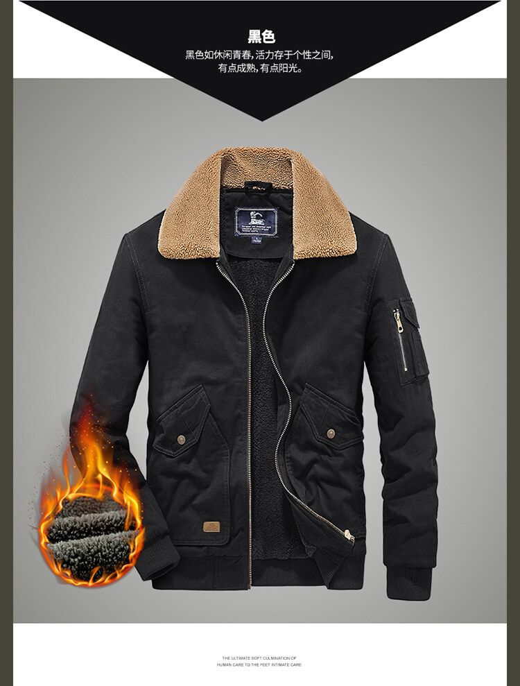 谦优尚中年夹克男羊羔绒外套男士冬季加厚加绒爸爸装休闲毛领夹克纯棉