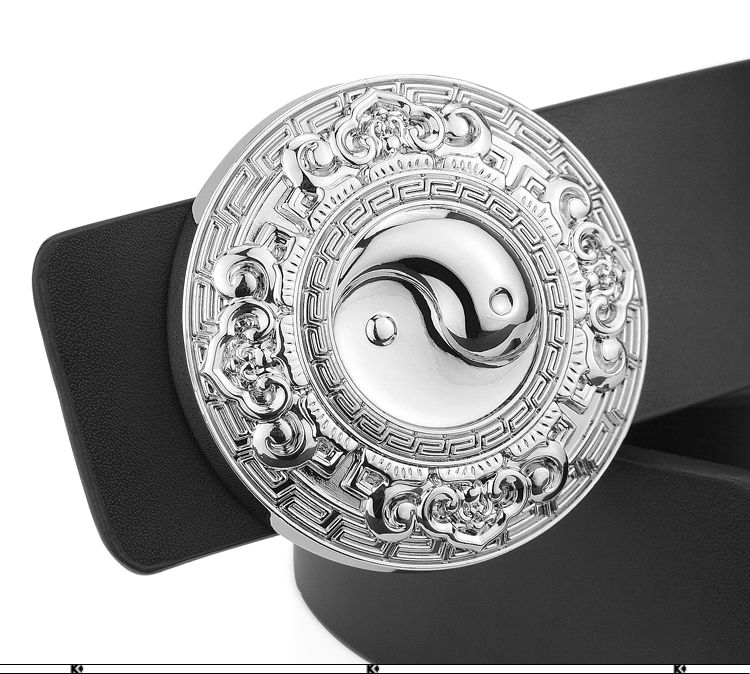 太极图案八卦皮带男休闲光面宽腰带圆扣平滑扣青年小伙裤带男咖皮银扣