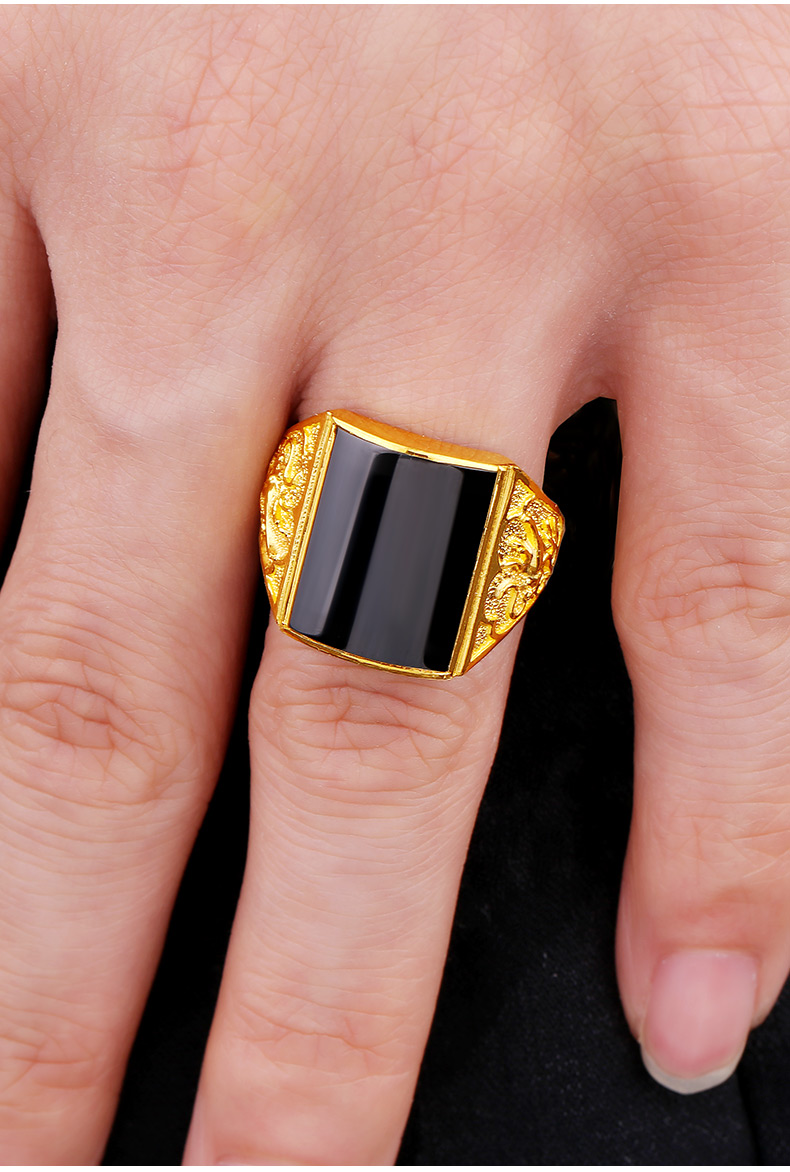 老凤凰金镶玉戒指男黄金和田玉生肖龙头黄金戒指男金镶玉男戒发字足金