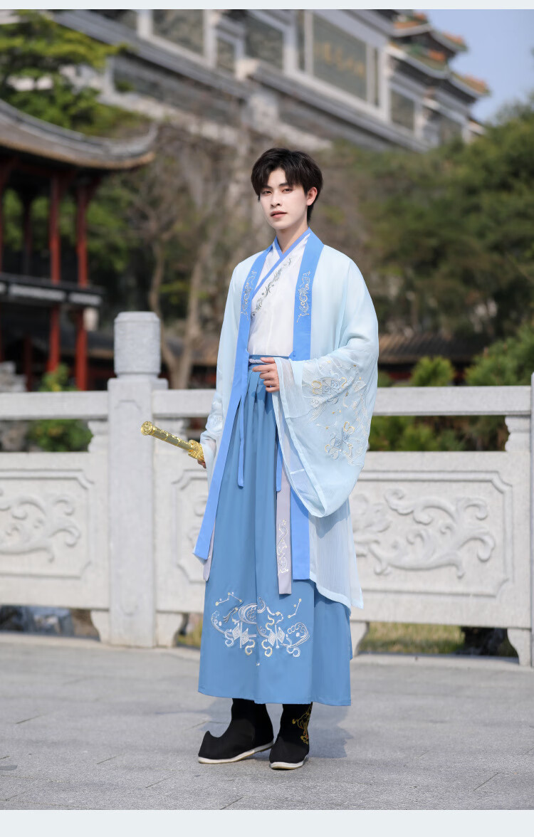 男生穿的汉服仙蓝中国风大袖衫套装魏晋风男学生毕业古装男朗诵演出服