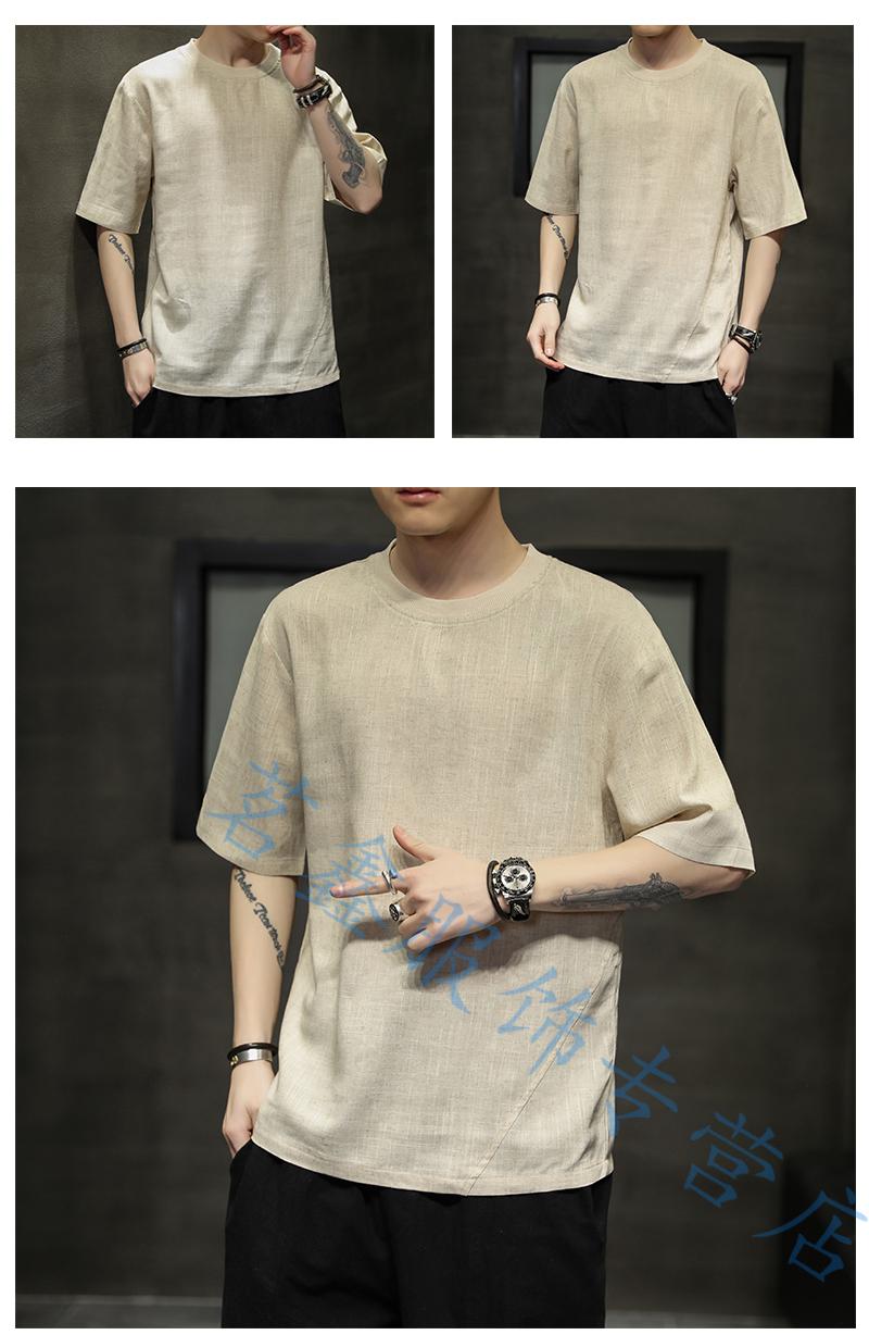 夏天新款男士麻布衣服男夏季麻料男装上衣服装男式纯色亚麻短袖t恤夏