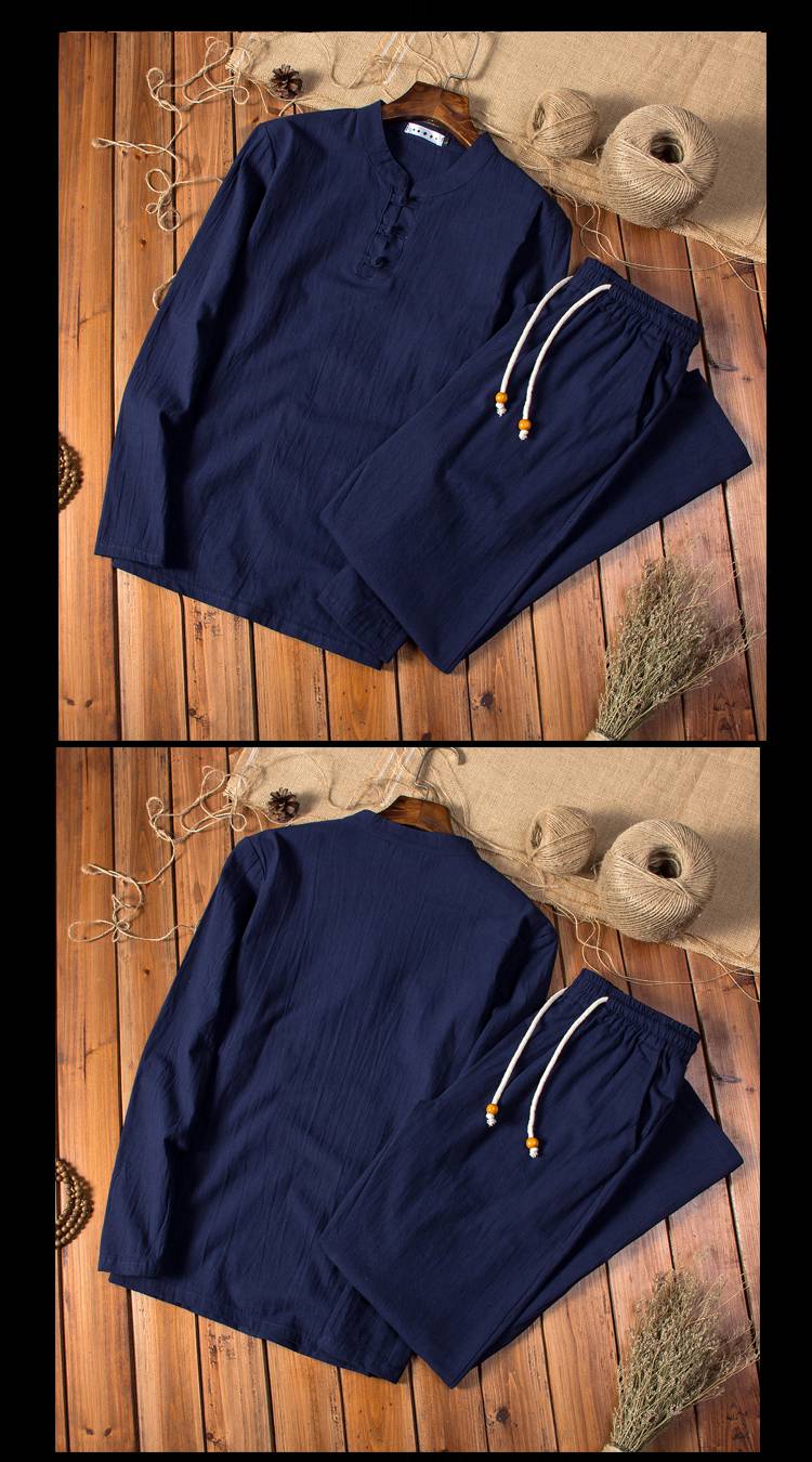 男夏拜佛打坐禅修服装汉服古风长袖棉麻亚麻男宽松大码中老年禅意禅修