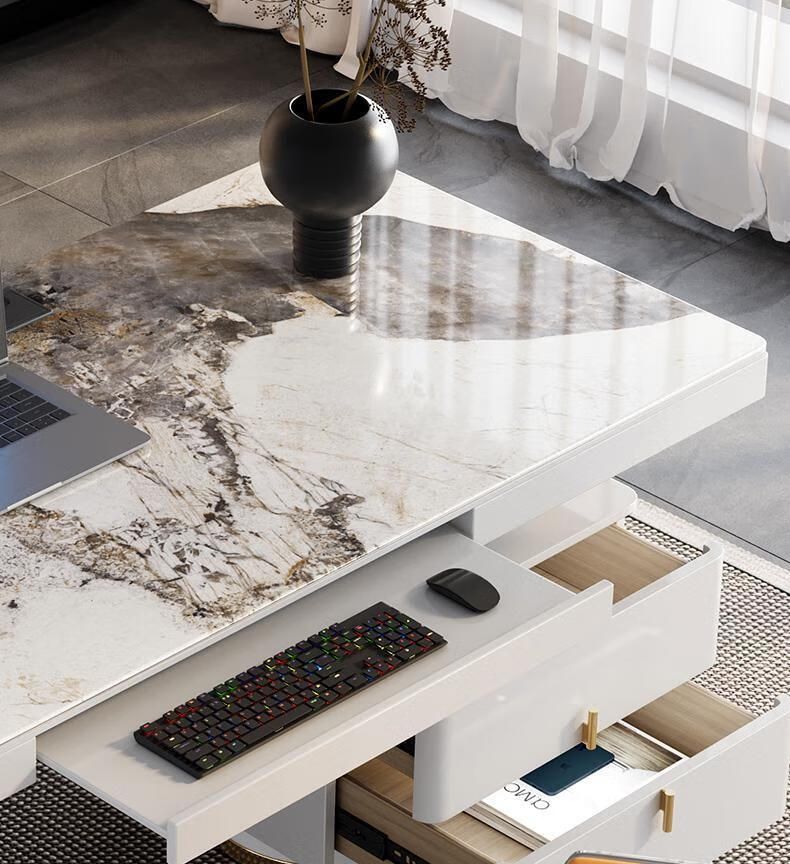 莎姝萱白色轻奢书桌亮光岩板电脑桌现代简约家用带箱体写字台设计感