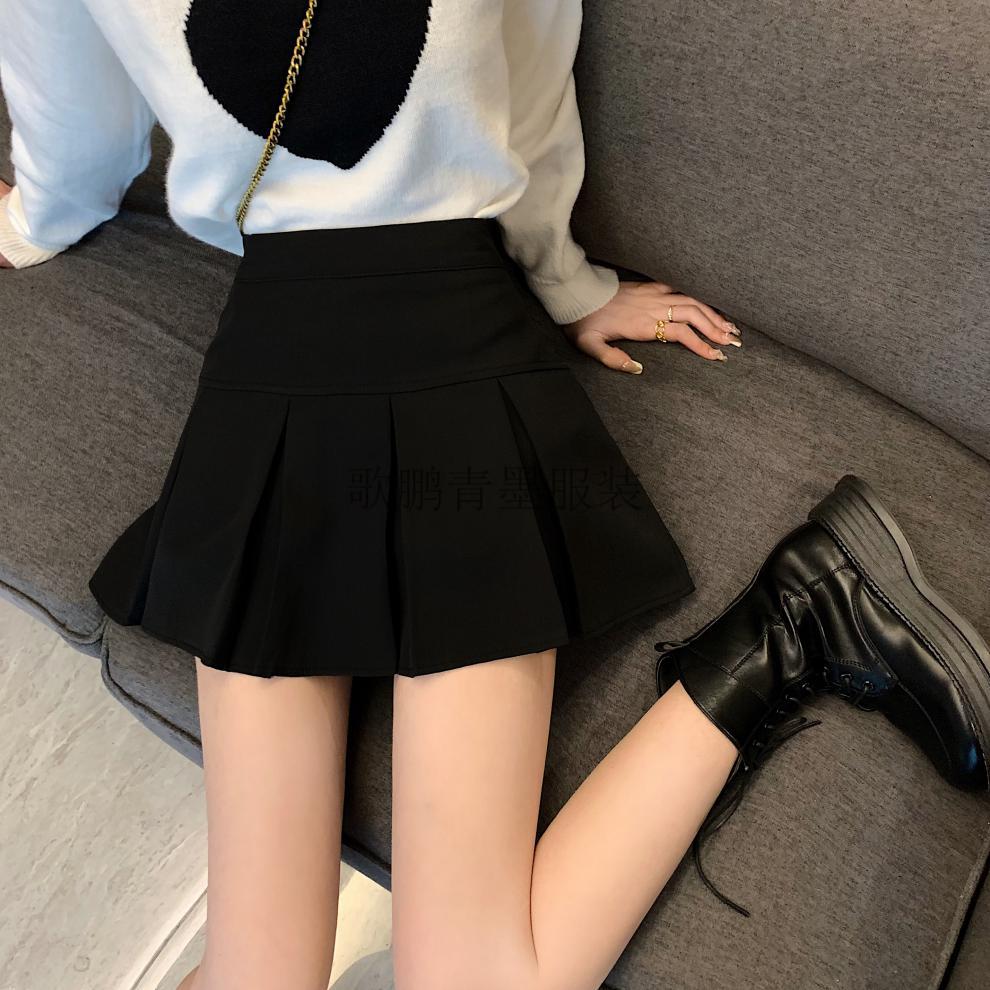 150瘦小个子百褶半身裙女高腰a字超短裙包臀显高xs小腰围145秋冬 黑格
