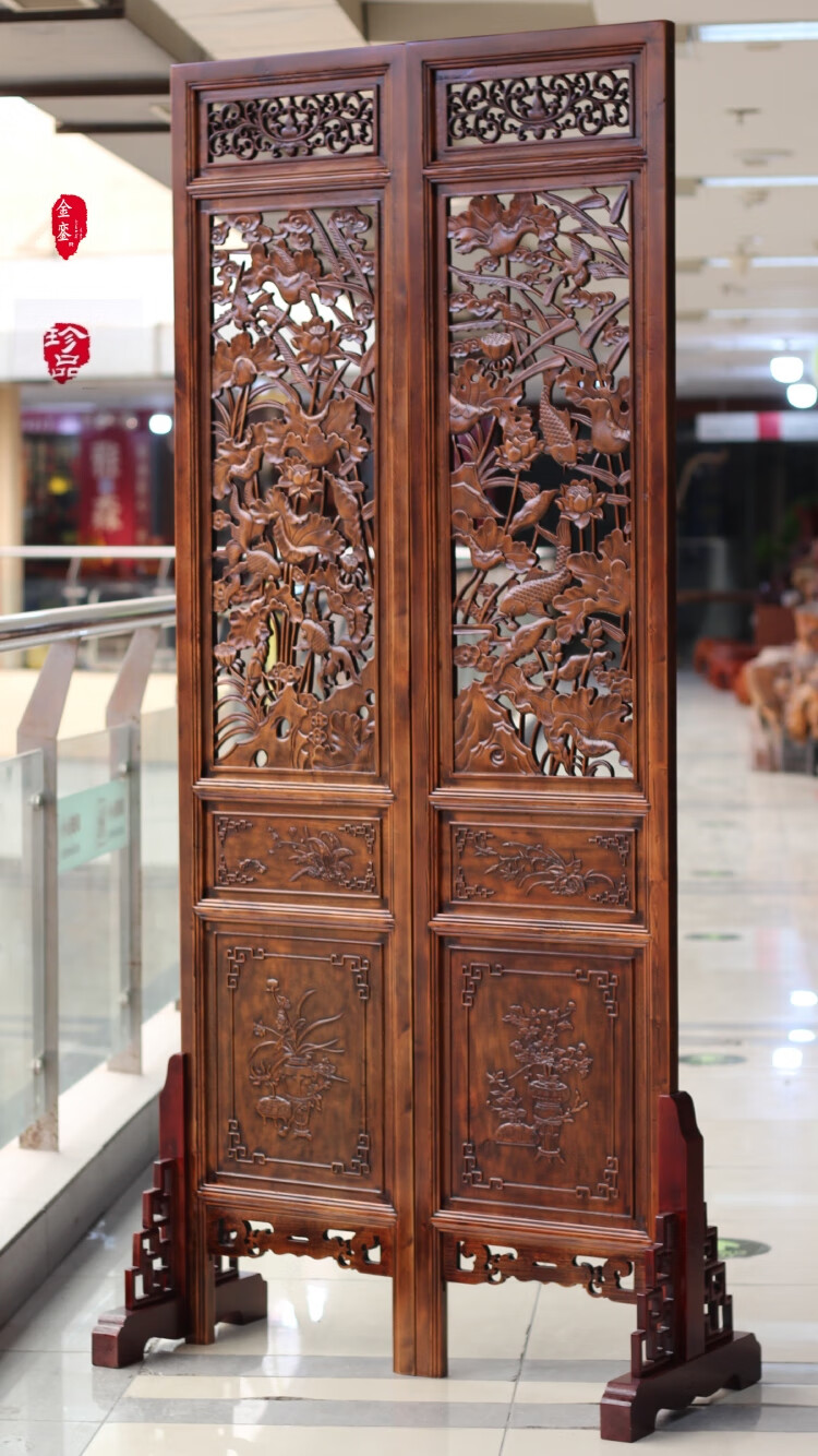 东阳木雕中式仿古隔断客厅玄关办公室实木屏风遮挡香樟木镂空雕花仙鹤