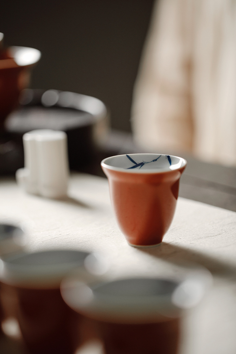 fw束刻新品矾红手绘隐竹致远陶瓷功夫茶具茶杯品茗杯青花手绘盖碗茶盏