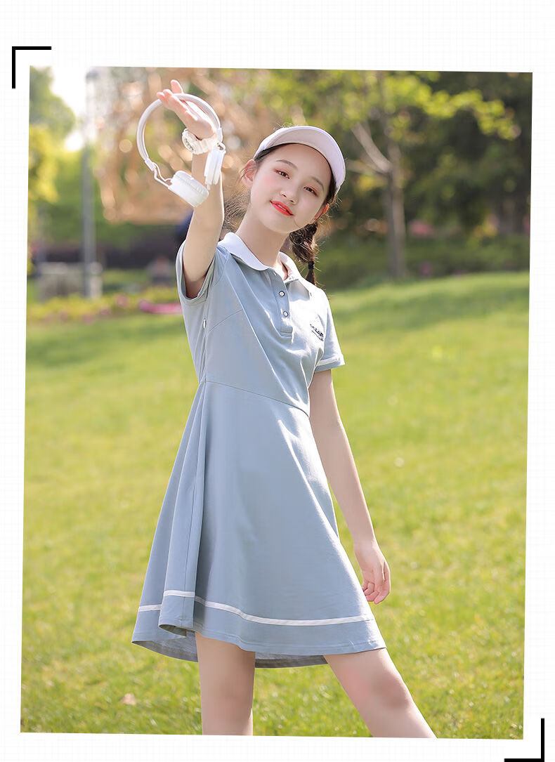 风高中初中生夏季裙子韩版宽松中学生短袖polo连衣裙白色s85斤以下