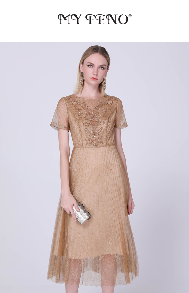 马天奴2022年春夏新款重工绣花香槟金色礼服裙收腰长款女神连衣裙香槟