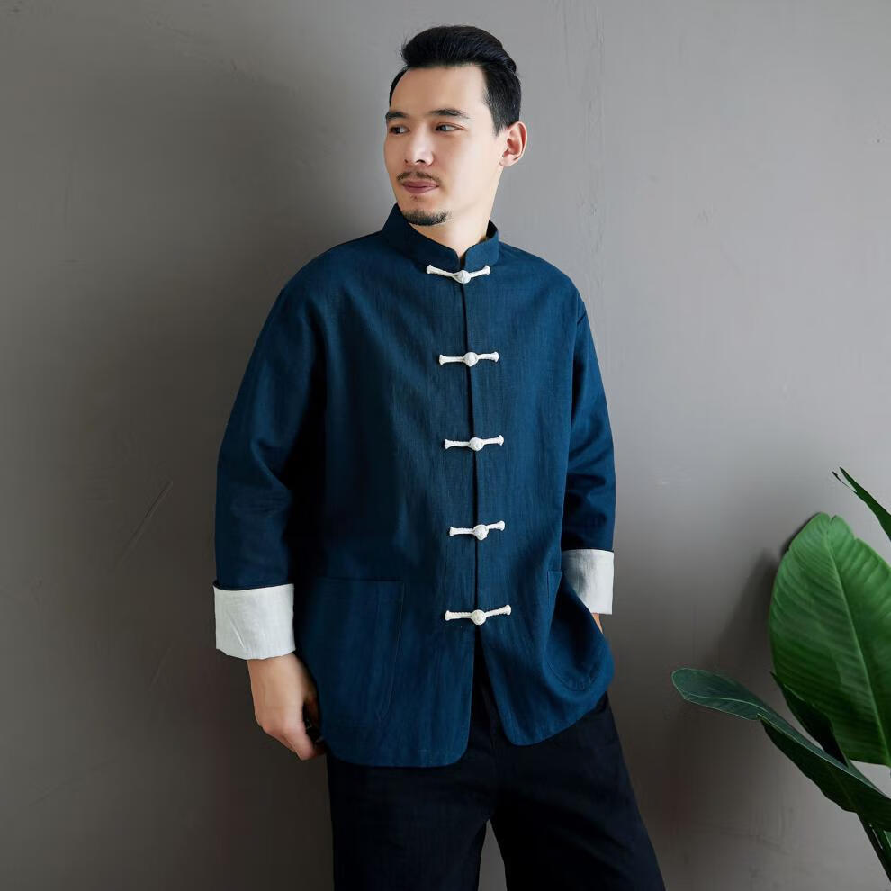 新中式服装男装2022春秋季盘扣纯色男式衬衫中国风外套立领衬衣 黑色