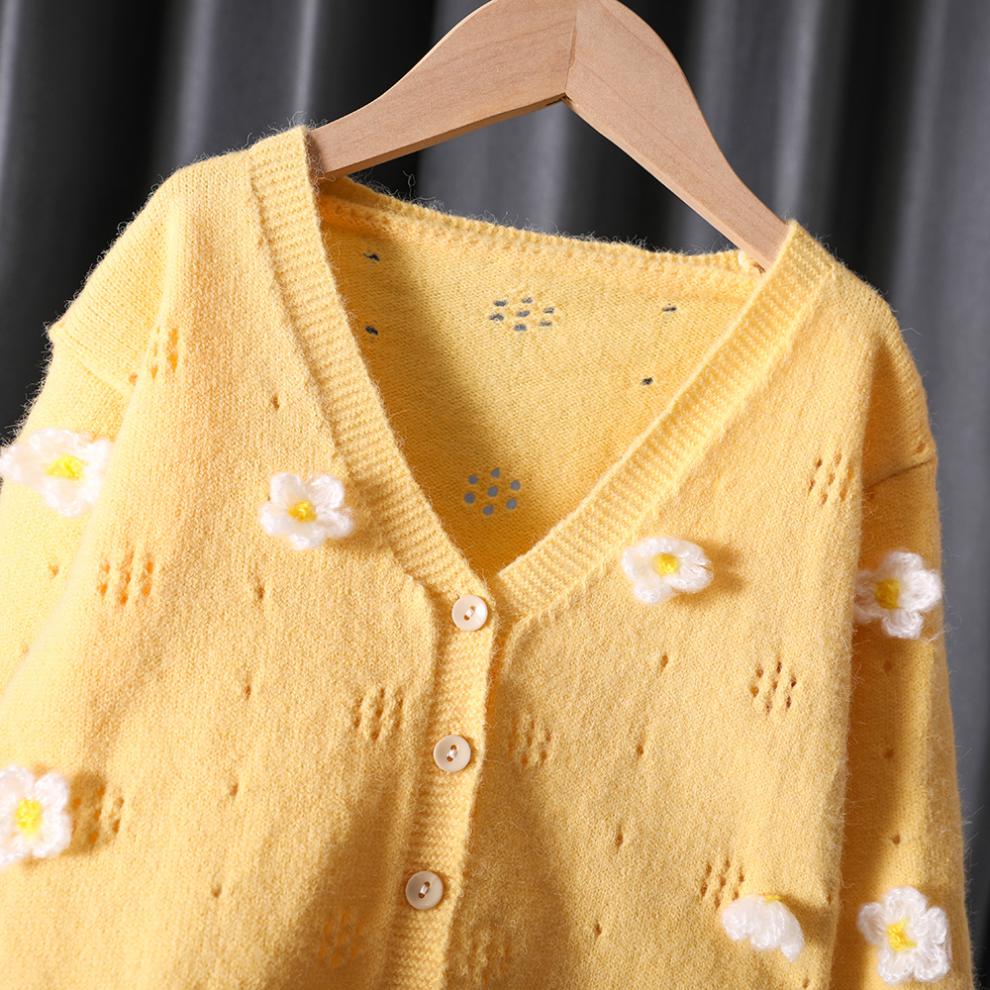 女童中小童宝宝花朵毛衣开衫儿童针织衫洋气童装春秋外套柠檬黄100码