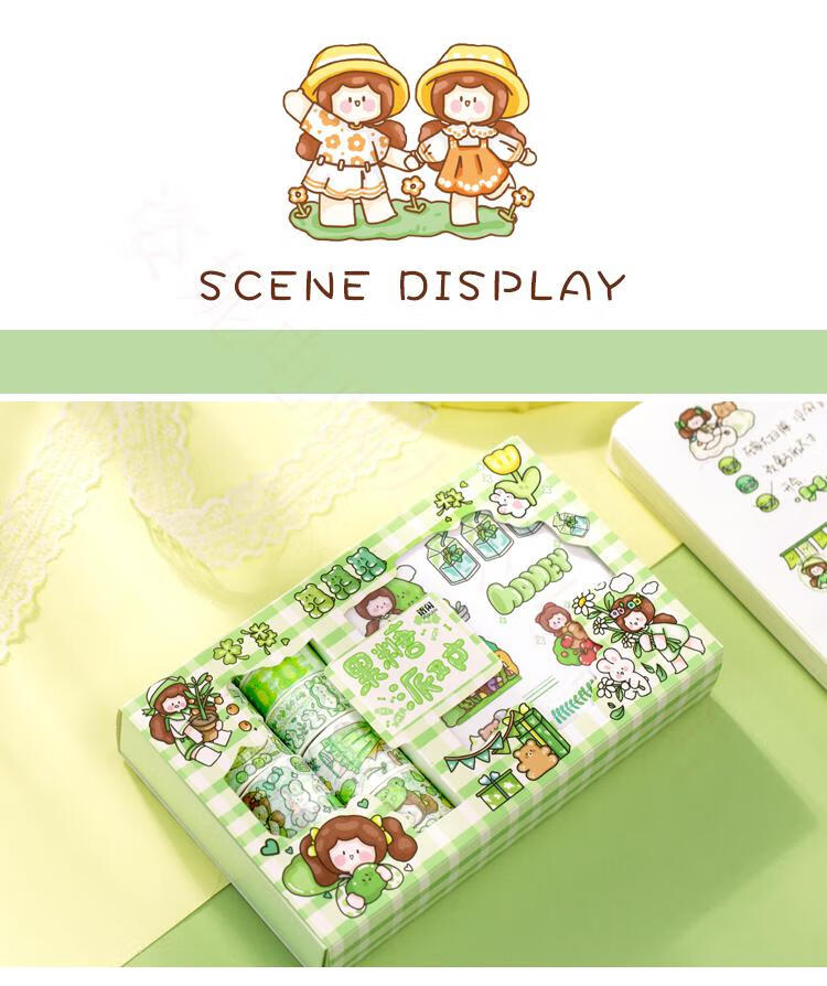 可爱女孩人物日常手帐拼贴和纸可爱彩色印花手账素材套装10贴纸10胶带