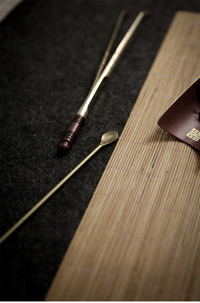 素以 纯铜大漆茶则茶匙茶夹三件套禅意茶叶勺单个日式功夫茶具配件