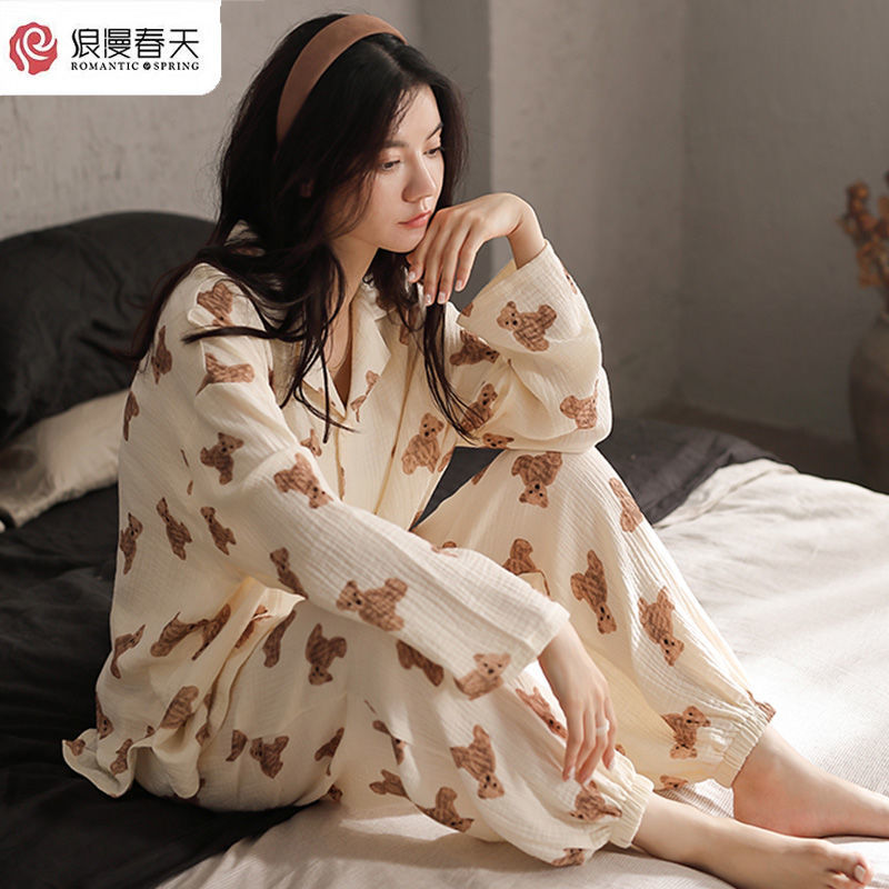 浪漫春天睡衣女长袖春秋季蝴蝶结韩版薄款棉甜美公主风简约家居服浪漫