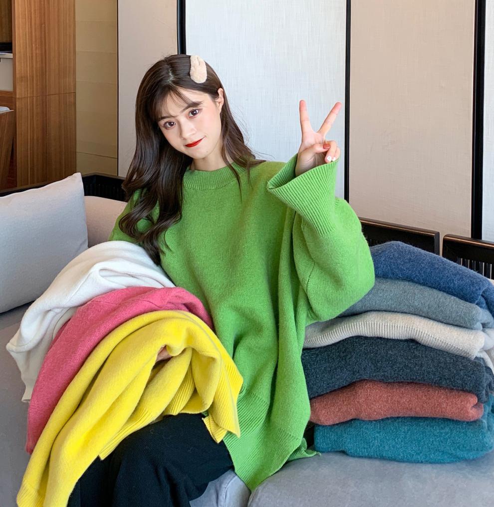 女宽松外穿2019新款时尚慵懒风秋冬韩版洋气中长款针织外套头 草绿色
