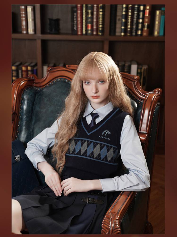 物语】哈利波特联名款jk制服美式菱格马甲毛衣 秋冬上衣 蓝色拉文克劳