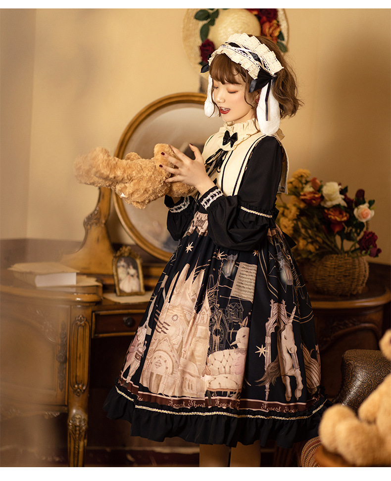 原创设计原版森林剧院欧式复古小洋装长袖洛丽塔op连衣裙春秋款黑色