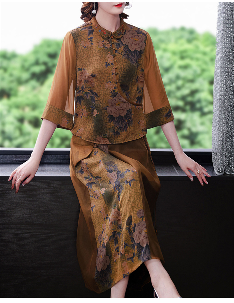 香云纱连衣裙高档民族风旗袍套装高端女夏丝桑连衣裙黄色套装m