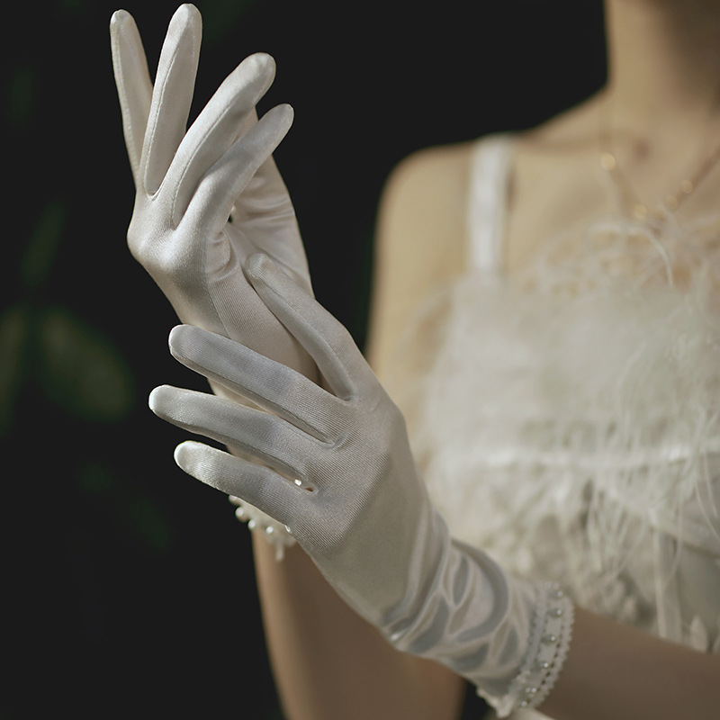 结婚手套 礼仪直播迎宾珍珠白手套缎面纱新娘伴娘珠宝旅拍婚纱礼服