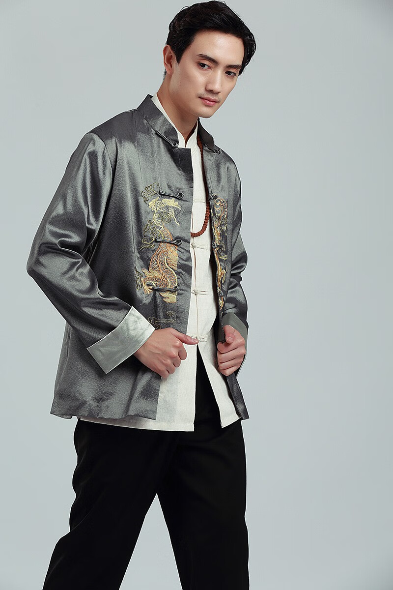 伴郎服中式唐装青年休闲中式装中国风刺绣龙上衣婚礼汉服长袖外套伴郎