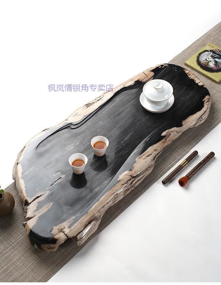茶盘石头石质整块木化石茶盘家用轻奢现代树化玉排水茶台黑白自然纹理