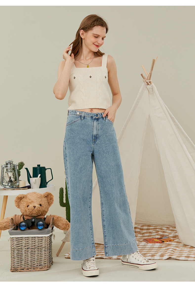 whoau小熊牛仔裤女秋季新款裤子宽松直筒休闲长裤b37c33浅蓝色s