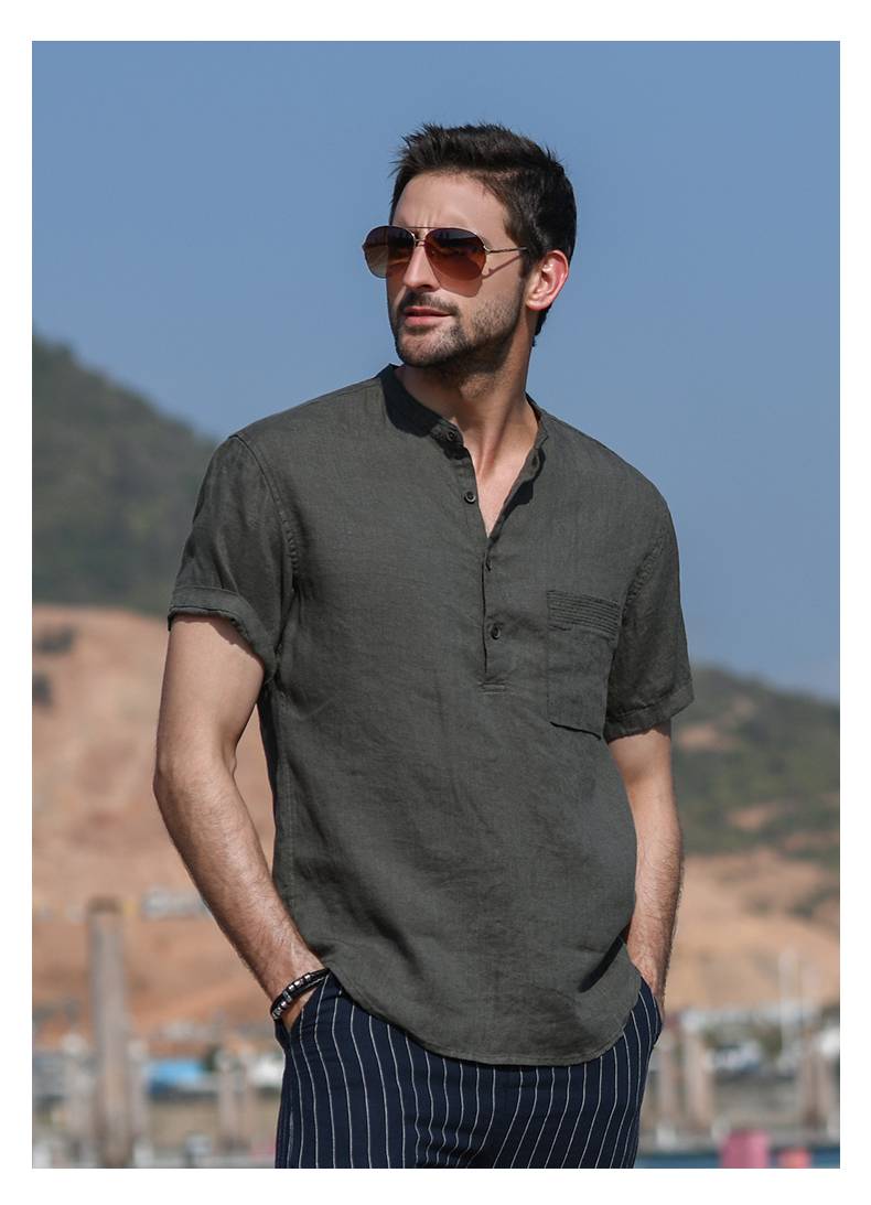 俞兆林轻柔透气短袖亚麻衬衫男士文艺休闲宽松上衣薄款立领麻料衬衣