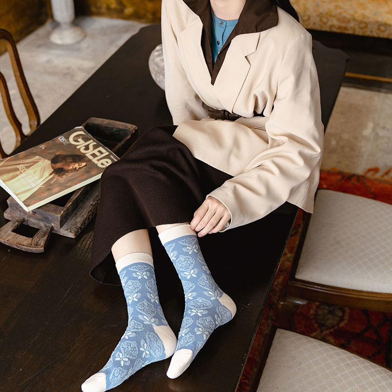 好品质女士长袜美腿袜蓝色花束日系学院风棉袜秋冬甜美少女穿搭韩版中