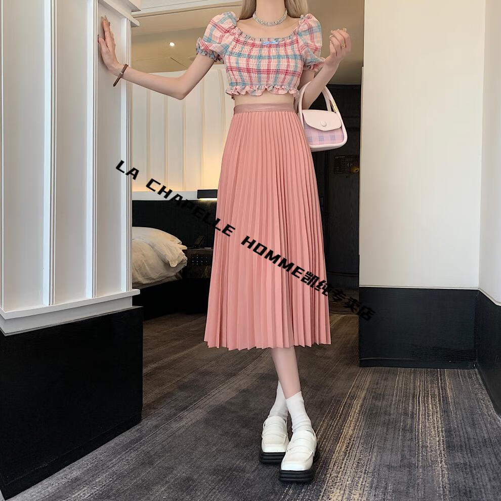 拉夏贝尔专柜新款垂感仙女长裙高腰显瘦百褶a字半身裙中长裙女la粉色
